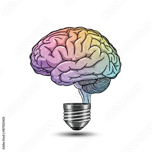 Colorful Human Brain as a Light Bulb Symbolizing Ideas.