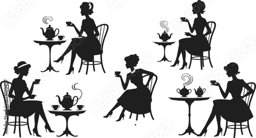 Elegant woman silhouette drinking tea, vintage tea party, relaxing moment, hot beverage, classic fashion, high heels, graceful lifestyle, charm

 flat vector illustration