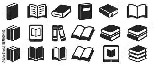 Assorted book icons for education, reading, and digital learning. Minimalist vector symbols representing knowledge and literacy concepts