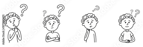 Illustrative concept of a confused young boy pondering. Various expressions of thought, uncertainty, and seeking answers to a dilemma