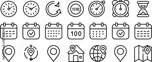 Comprehensive Time and Location Icon Set for Navigation, Scheduling, and Productivity - Versatile Vector Graphic for Business and Digital Applications flat vector illustration
