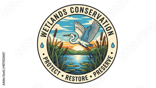 Wetlands conservation logo with heron flying over water and cattails at sunset with nature and wildlife and ecosystem and environment and protection