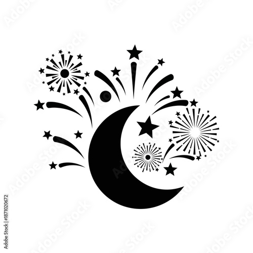 Eid celebration with crescent moon and fireworks exploding in night