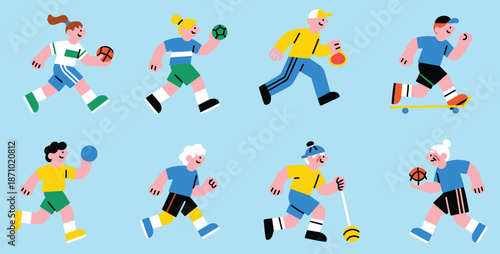 "Colorful flat vector illustration of diverse kids playing sports including basketball, soccer, skateboarding, and running on blue background"

flat vector illustration