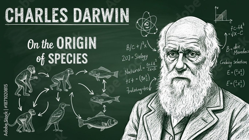 Charles darwin on the origin of species evolution concept with illustrations of animals and mathematical formulas on chalkboard background with natural selection