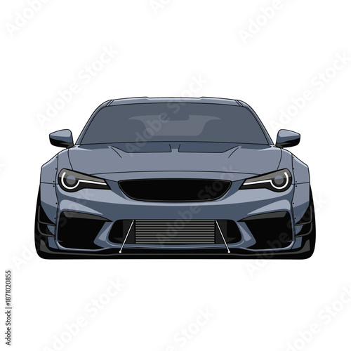 Front View of a Modern Performance Sports Car - Aggressive Wide Body Kit and Sleek LED Headlights Vector Illustration Isolated on White