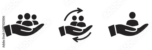 Icons featuring hands supporting people and groups, representing community, collaborative teamwork, interaction, and human resources concepts