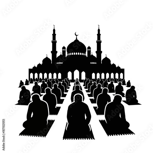 Muslims pray Eid at mosque with minarets and domes in background