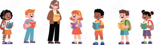 "Happy diverse students and teacher reading books together with backpacks in school classroom, education learning concept illustration"

flat vector illustration