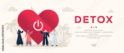 Detox text with Arab people in traditional clothing, vector illustration.