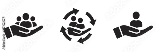 Illustrations depicting hands holding figures and people in a circular motion, representing teamwork and community