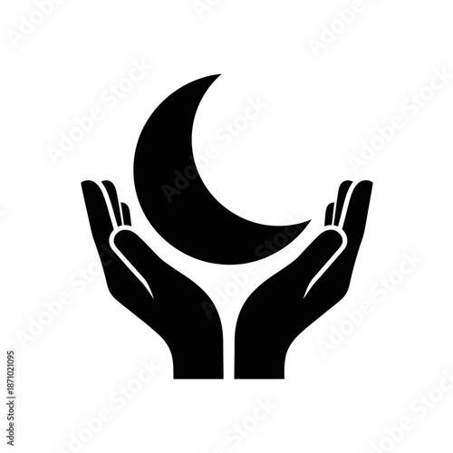 Hands cradle crescent moon in Eid celebration symbol