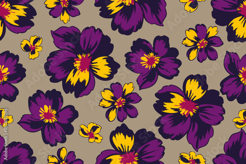 Vibrant floral pattern with bold purple and yellow flowers scattered on a warm beige background, creating a lively seamless design inspired by retro and modern art.