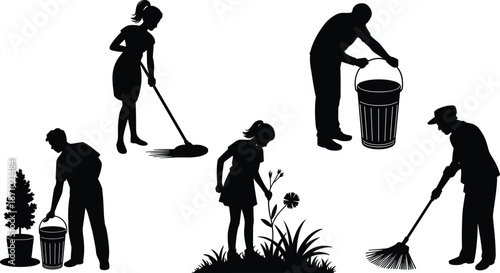 Silhouette of people cleaning, sweeping, watering plants, collecting trash, outdoor environment care, community work, eco-friendly maintenance, garden tasks, daily routine flat vector illustration