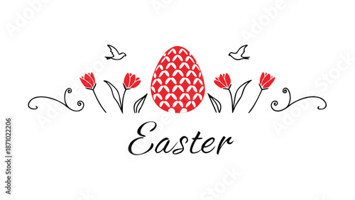 Vibrant Easter egg with tulips and birds flying