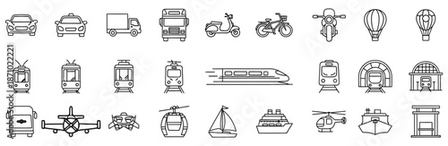 Collection of black and white transportation icons on white background vehicle taxi