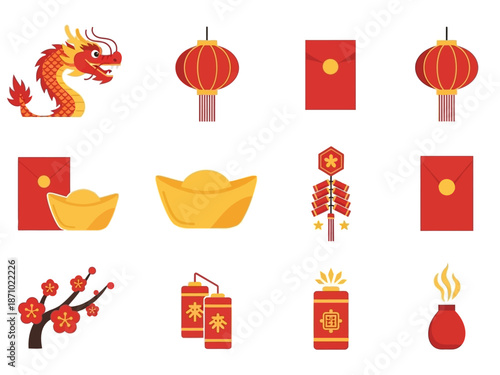 Lunar New Year Elements Variation Golden Dragon Red Envelope and Gold Ingot 