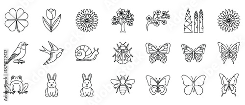 Collection of black line drawings of spring nature elements and animals clover tulip