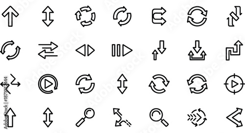 Collection of black outline arrow and symbol icons on white background vector