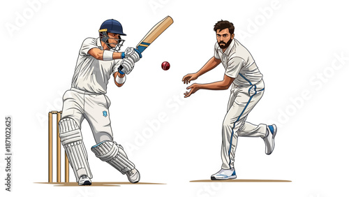 Cricket players in action, one batting and one bowling, illustration