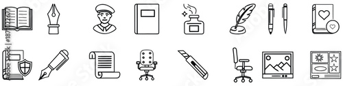 Collection of hand drawn icons for writing and office work book open