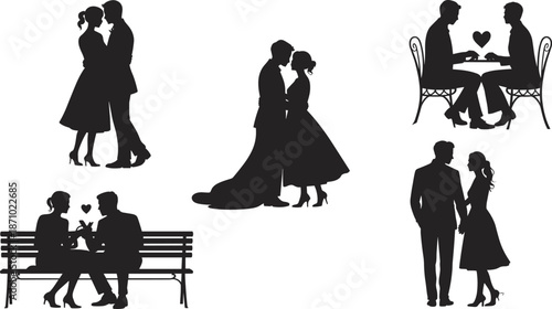 Romantic Couple Silhouettes: Intimate Kisses, Dining, and Affectionate Moments in Black and White Artwork flat vector illustration