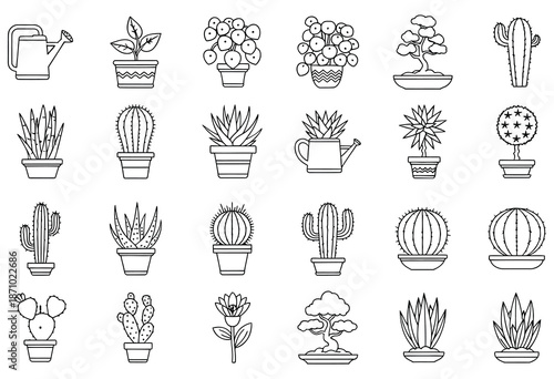 Collection of potted plants and garden icons in black outline cactus succulent