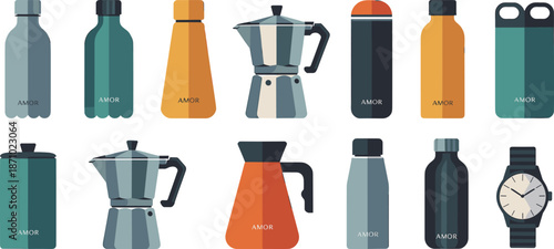 Vector set of modern kitchenware and drinkware icons including bottles, coffee makers, thermoses, and wristwatch isolated on white background flat vector illustration