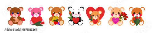 Adorable Valentine's Day teddy bears collection with red hearts, spring tulips and roses. Cute colorful plush characters for romantic greeting cards and holiday design. Vector illustration