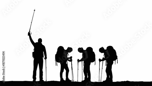 Silhouette of hikers with backpacks and trekking poles on a white background.