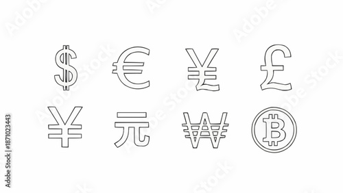 Collection of currency symbols and bitcoin icon in outline style.