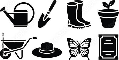 Black of gardening tools watering can boots shovel plant pot wheelbarrow hat butterfly certificate spade