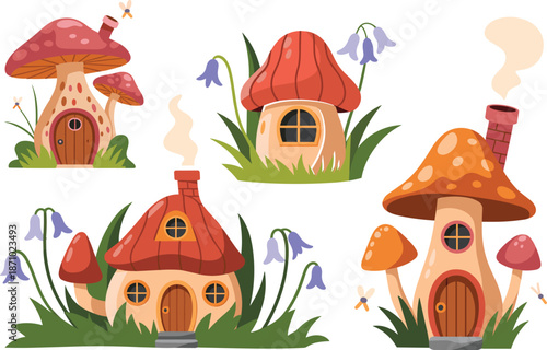 "Whimsical fairy tale mushroom houses with flowers and smoke, fantasy garden cottages, magical nature homes, colorful cartoon-style illustration"

flat vector illustration