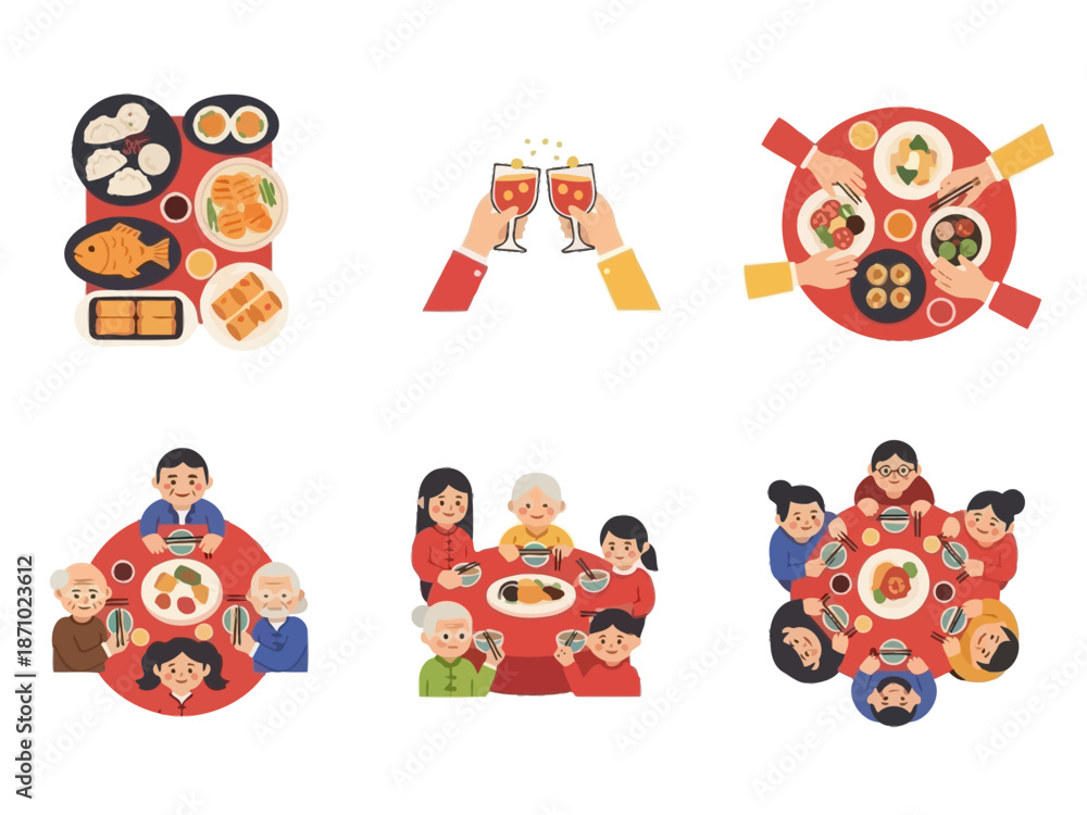 Fototapeta premium Chinese New Year Family Reunion Dinner Top View Illustration