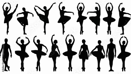 Silhouettes of ballet dancers in various poses and costumes.