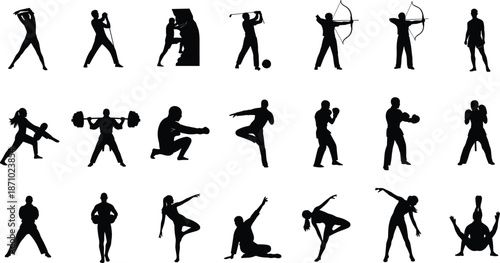 Sports silhouette vector, fitness poses, boxing, yoga, martial arts, weightlifting, soccer, dance, cad drawing flat vector illustration