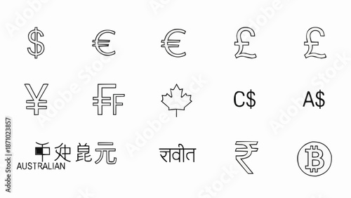 Various International Currency Symbols and Money Icons.
