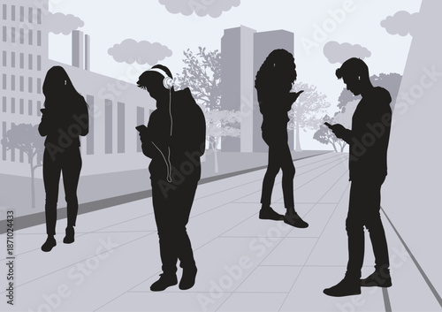 silhouettes of young people looking at their phones in the street