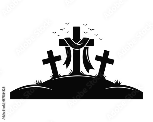 black silhouette of three crosses on a hill