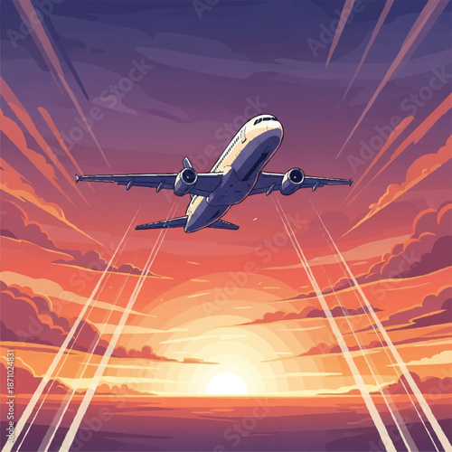 Airplane Ascending into a Vibrant Sunset Sky.