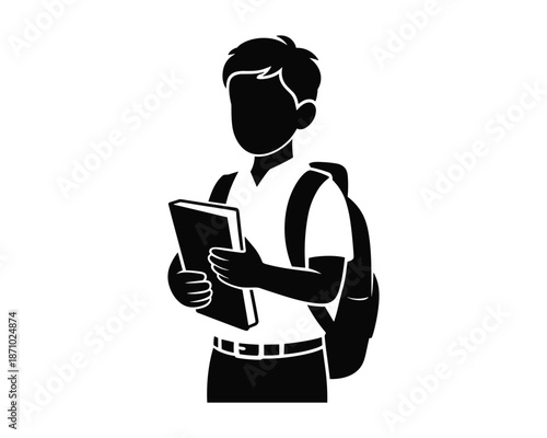 boy holding book and backpack standing alone