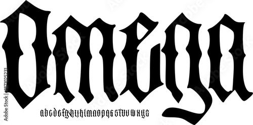 Omega Gothic Blackletter Display Font – Medieval Alphabet Typeface for Logo, Tattoo, Poster, Branding, and Dark Typography