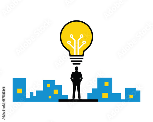man standing in front of cityscape with light bulb idea