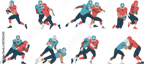American football players illustration, action poses, tackling running passing catching scenes, flat vector sports design isolated on white background set