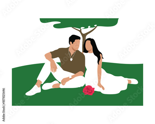 young couple sitting under tree on green grass with red rose