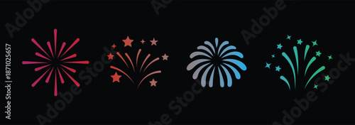 Fire works icon. Firework icon set. Fourth of July celebration symbol, Independence Day design element. Celebration banner elements design for Christmas, New year, Holiday, Anniversary, Party, Diwali 