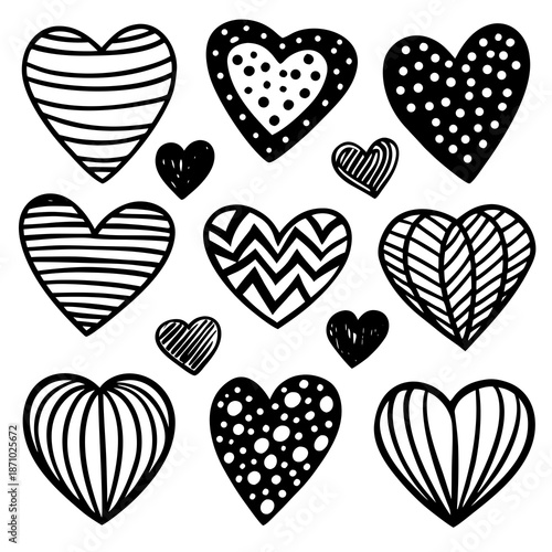 Collection doodle set of hand drawn scribble heart. Set of red hearts in different pose. Hand drawn freehand different love hearts. Heart sketch for Valentines Day and romantic. 