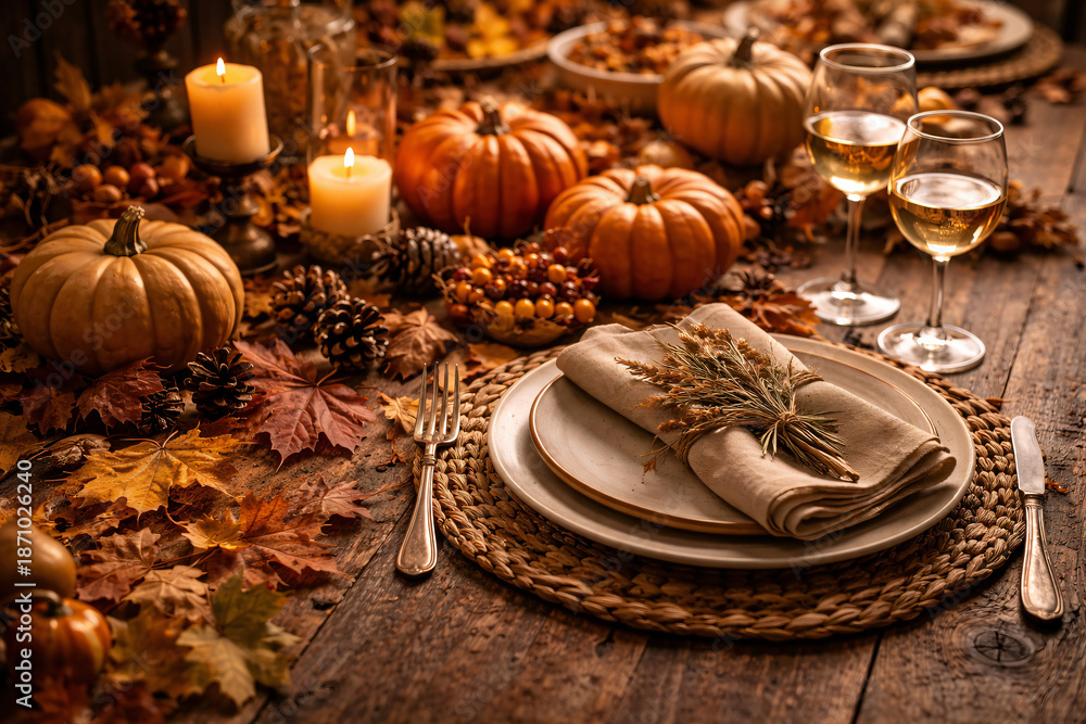 Naklejka premium Thanksgiving Harvest Table Setting with Autumn Leaves