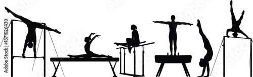 Gymnastics silhouette vector, horizontal bar, balance beam, uneven bars, pommel horse, floor routine, athlete pose, cad drawing flat vector illustration