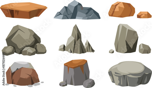 Fotografie Cartoon rock set illustration, stone boulders collection, game assets, nature ge